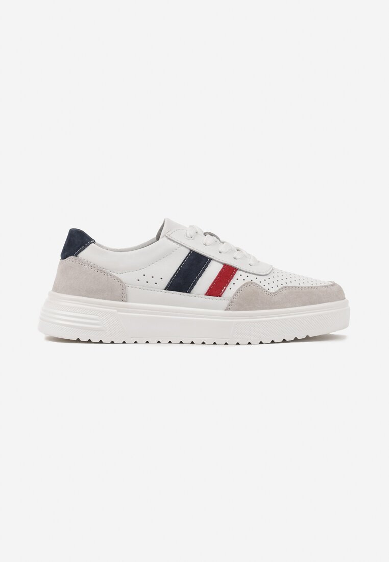 Biało-Granatowe Płaskie Sneakersy ze Skóry Naturalnej Ozdobione Paskami i Perforacją Floriwa
