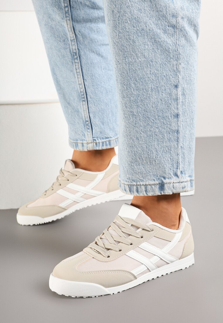 Beżowe Sneakersy na Płaskiej Podeszwie z Geometrycznym Wzorem Rivmi