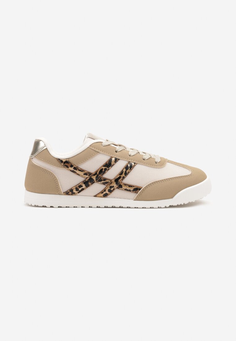 Ciemnobeżowe Sneakersy na Płaskiej Podeszwie z Geometrycznym Wzorem w Panterkę Rivmi