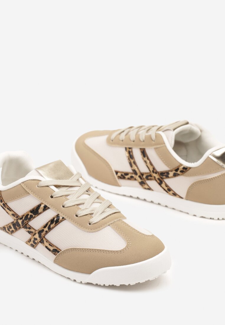 Ciemnobeżowe Sneakersy na Płaskiej Podeszwie z Geometrycznym Wzorem w Panterkę Rivmi