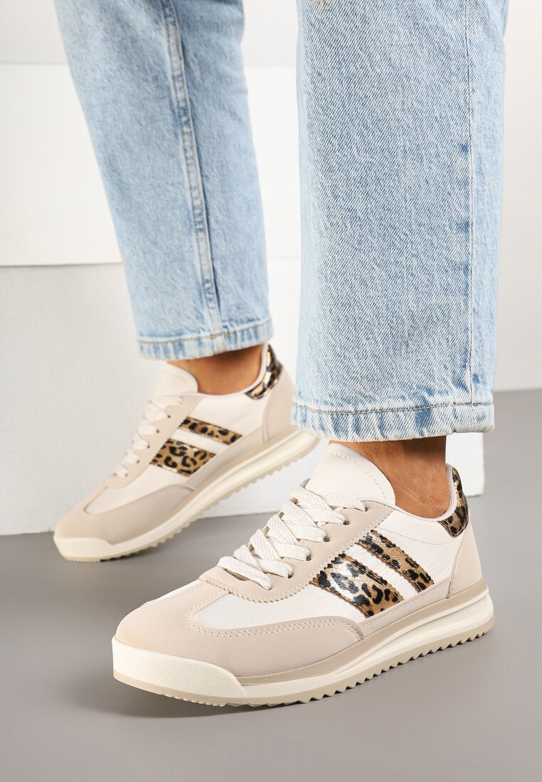 Beżowe Sneakersy w Stylu Tenisówek Ozdobione Paskami w Panterkę Lilmi