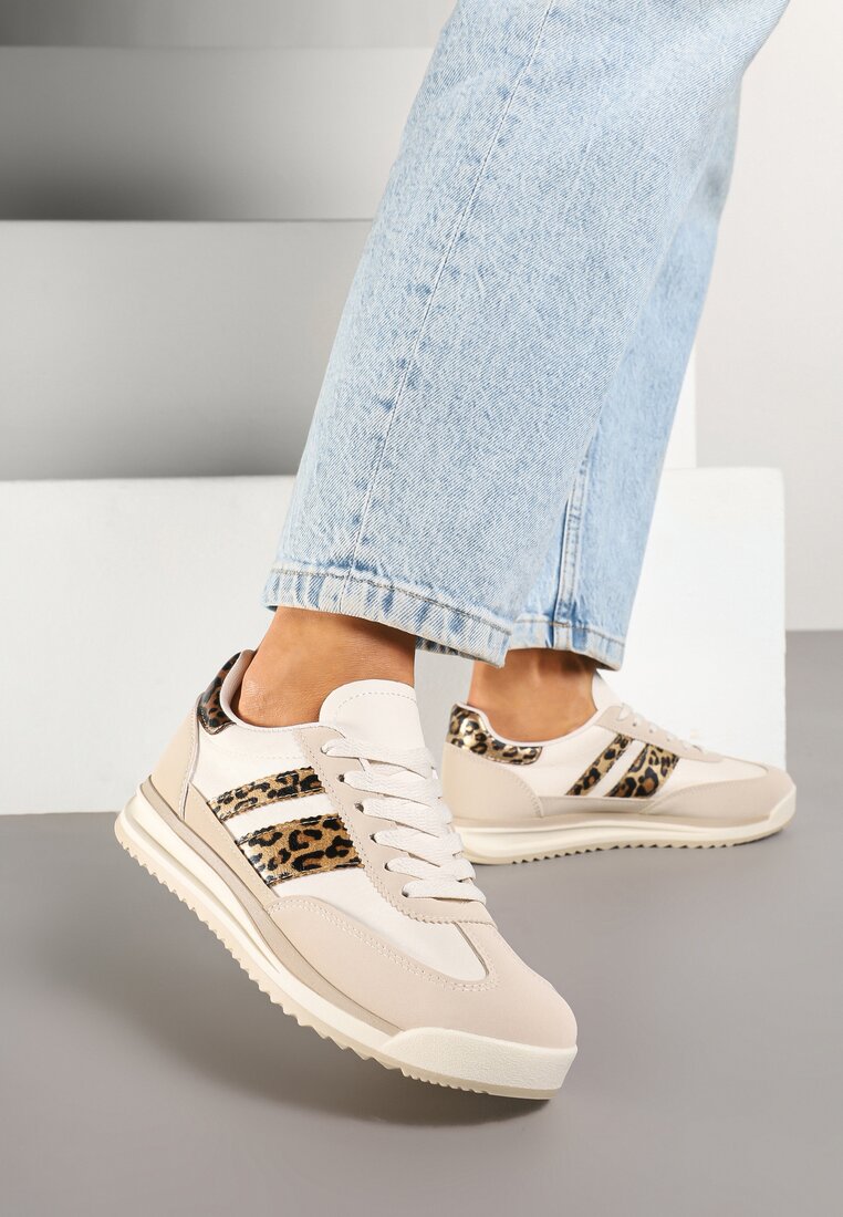 Beżowe Sneakersy w Stylu Tenisówek Ozdobione Paskami w Panterkę Lilmi