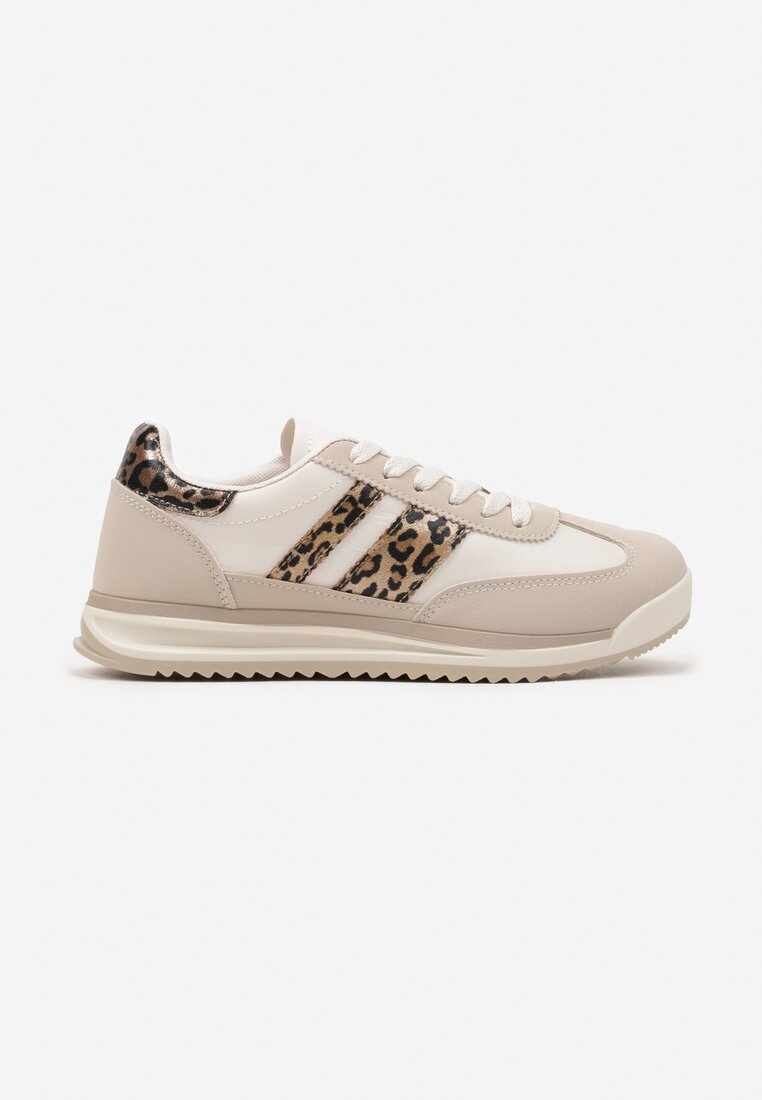 Beżowe Sneakersy w Stylu Tenisówek Ozdobione Paskami w Panterkę Lilmi