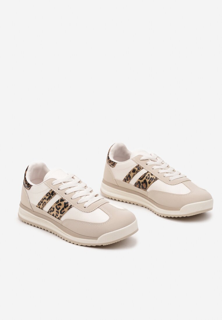 Beżowe Sneakersy w Stylu Tenisówek Ozdobione Paskami w Panterkę Lilmi