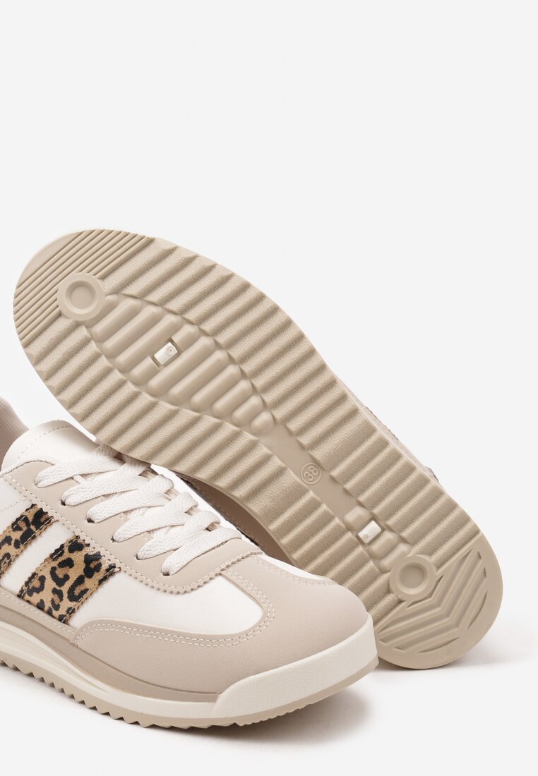 Beżowe Sneakersy w Stylu Tenisówek Ozdobione Paskami w Panterkę Lilmi