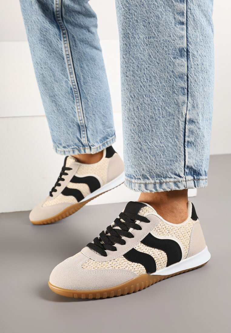 Beżowo-Czarne Sneakersy z Ozdobną Plecionką z Rafią Morloris