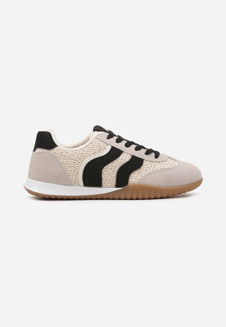 Beżowo-Czarne Sneakersy z Ozdobną Plecionką z Rafią Morloris