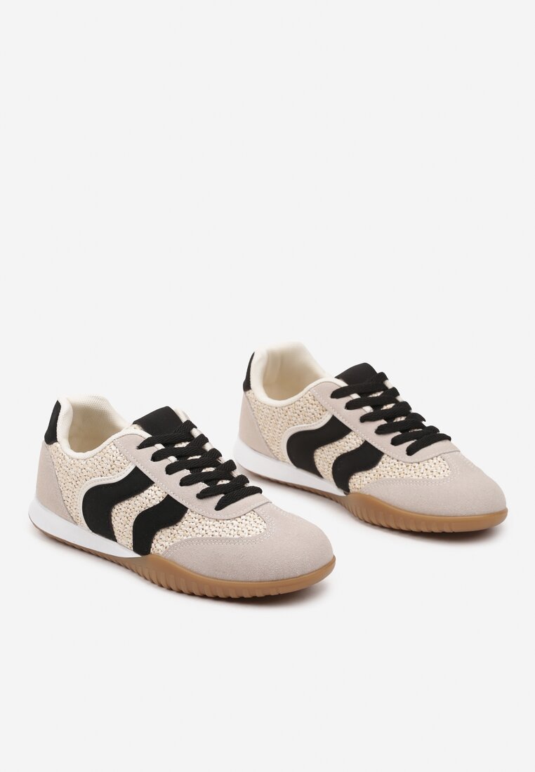 Beżowo-Czarne Sneakersy z Ozdobną Plecionką z Rafią Morloris