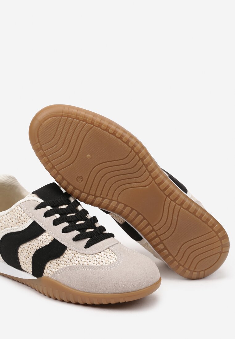 Beżowo-Czarne Sneakersy z Ozdobną Plecionką z Rafią Morloris