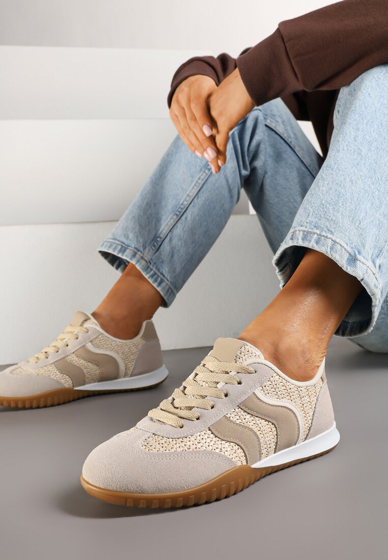 Ciemnobeżowe Sneakersy z Ozdobną Plecionką z Rafią Morloris