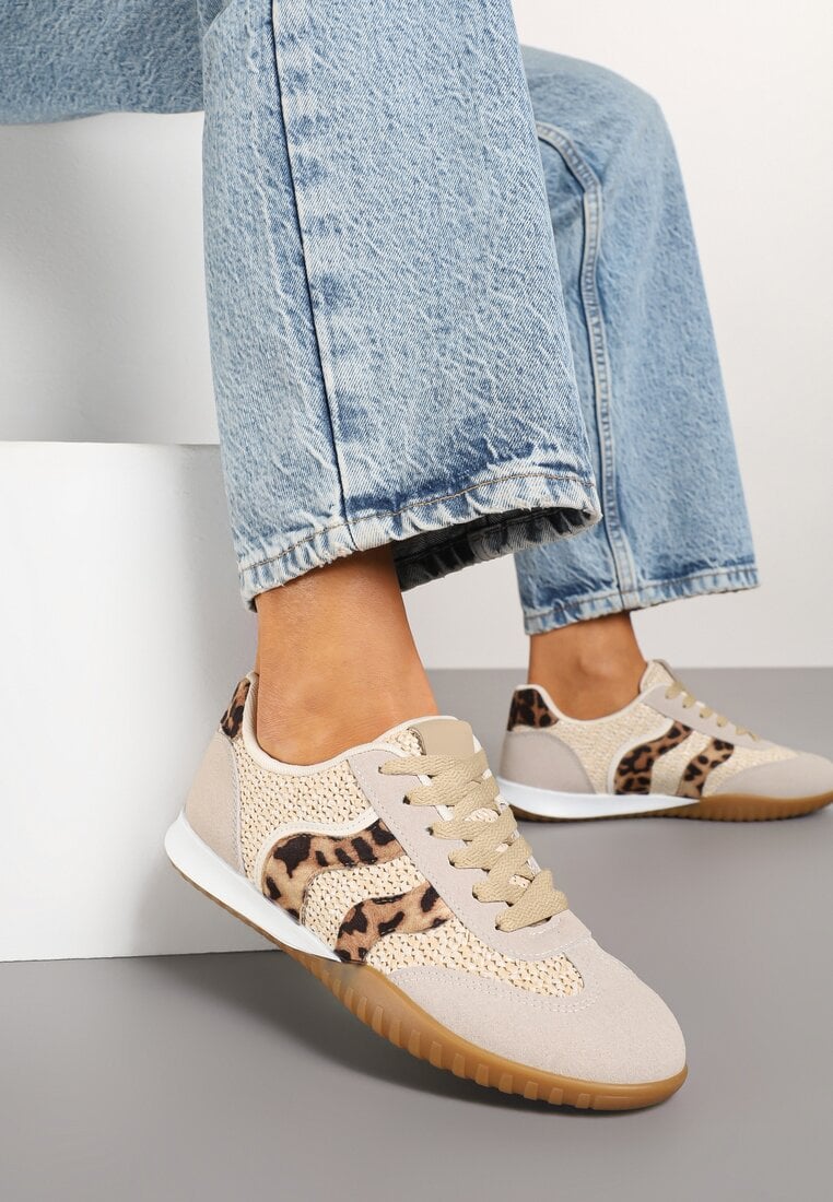 Beżowo-Brązowe Sneakersy z Ozdobną Plecionką z Rafią i Wzorem w Panterkę Morloris