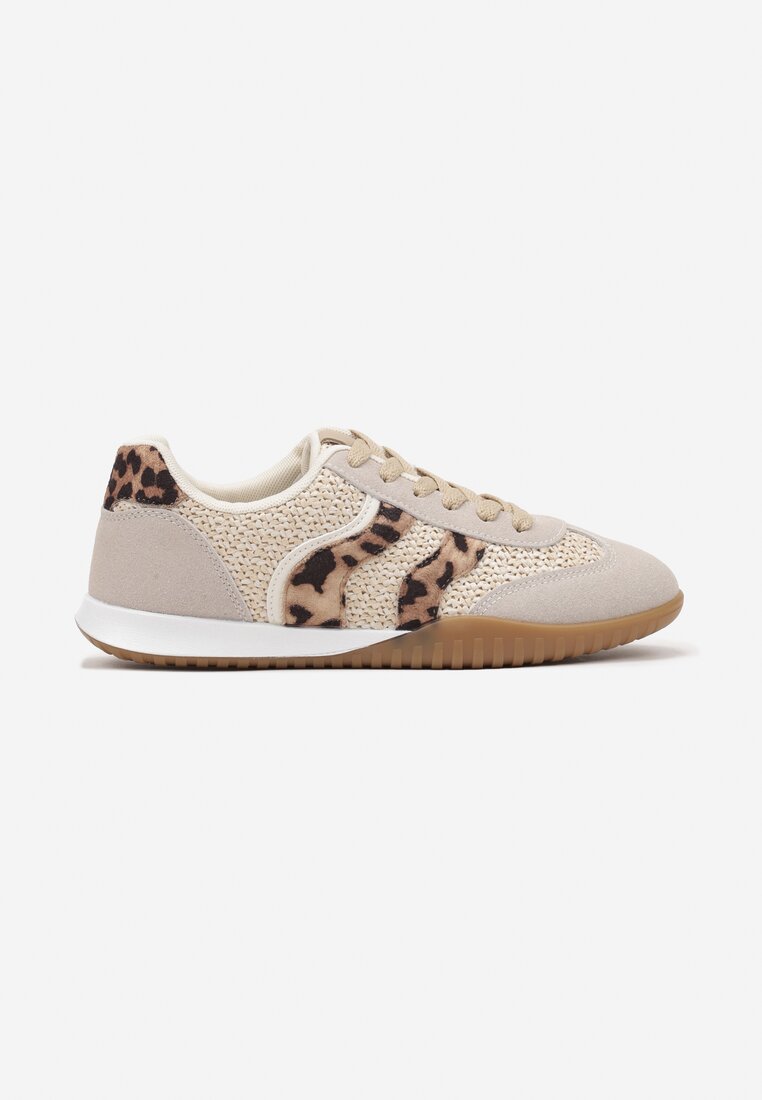 Beżowo-Brązowe Sneakersy z Ozdobną Plecionką z Rafią i Wzorem w Panterkę Morloris