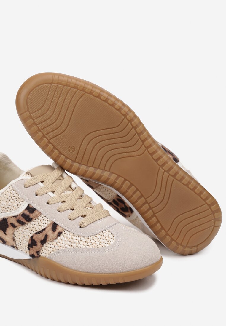 Beżowo-Brązowe Sneakersy z Ozdobną Plecionką z Rafią i Wzorem w Panterkę Morloris