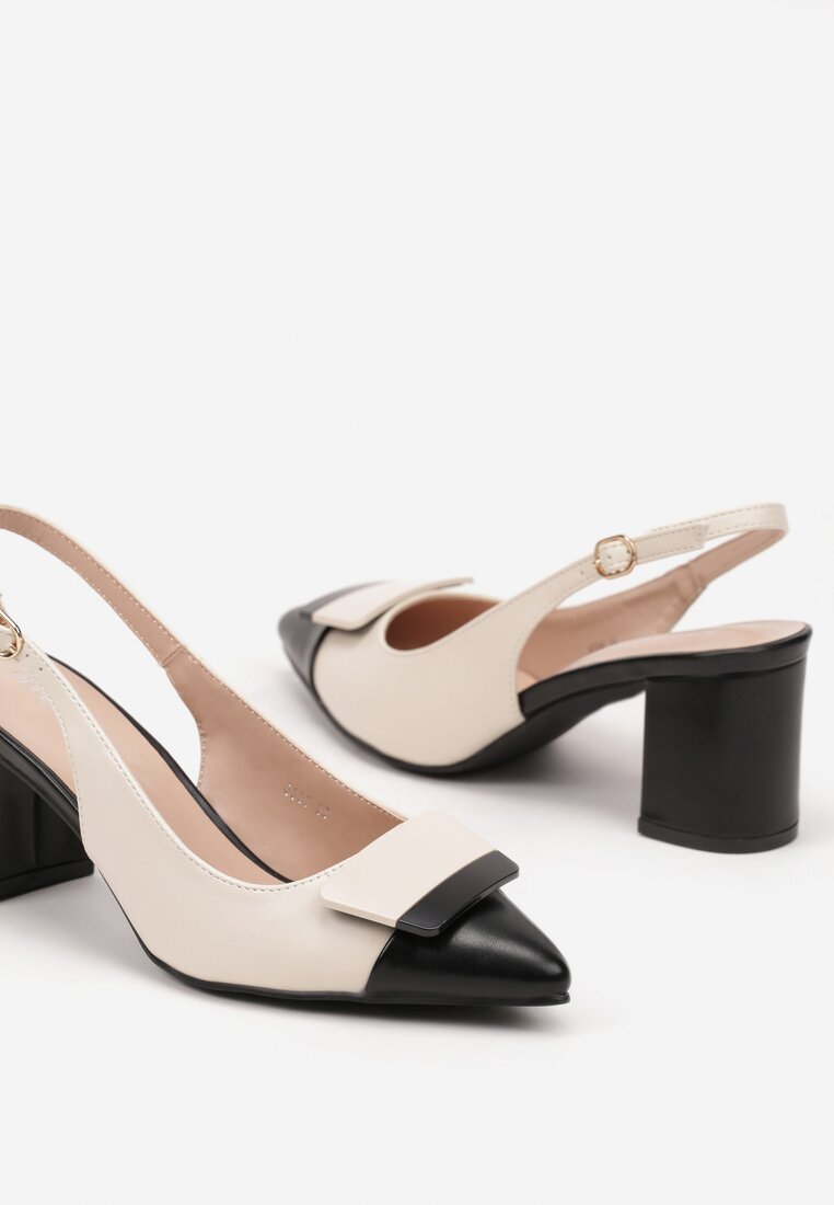 Beżowo-Czarne Czółenka na Słupku Typu Slingback z Ozdobą Fariniel