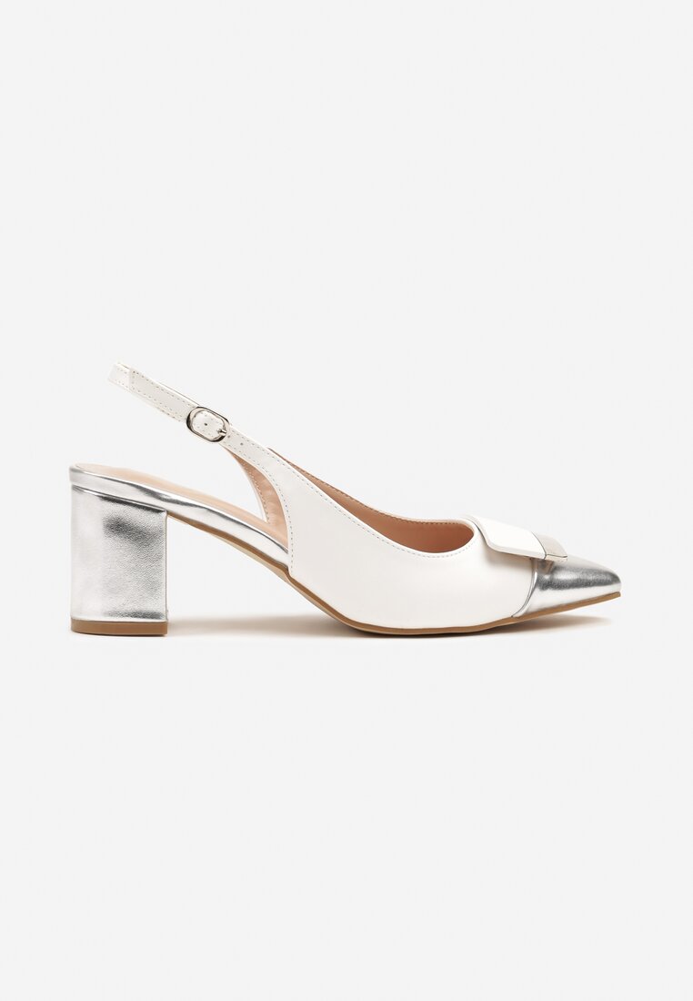 Biało-Srebrne Czółenka na Słupku Typu Slingback z Ozdobą Fariniel