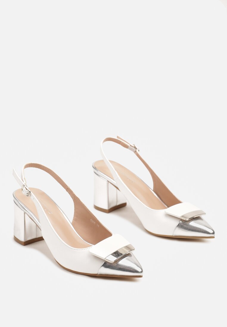 Biało-Srebrne Czółenka na Słupku Typu Slingback z Ozdobą Fariniel