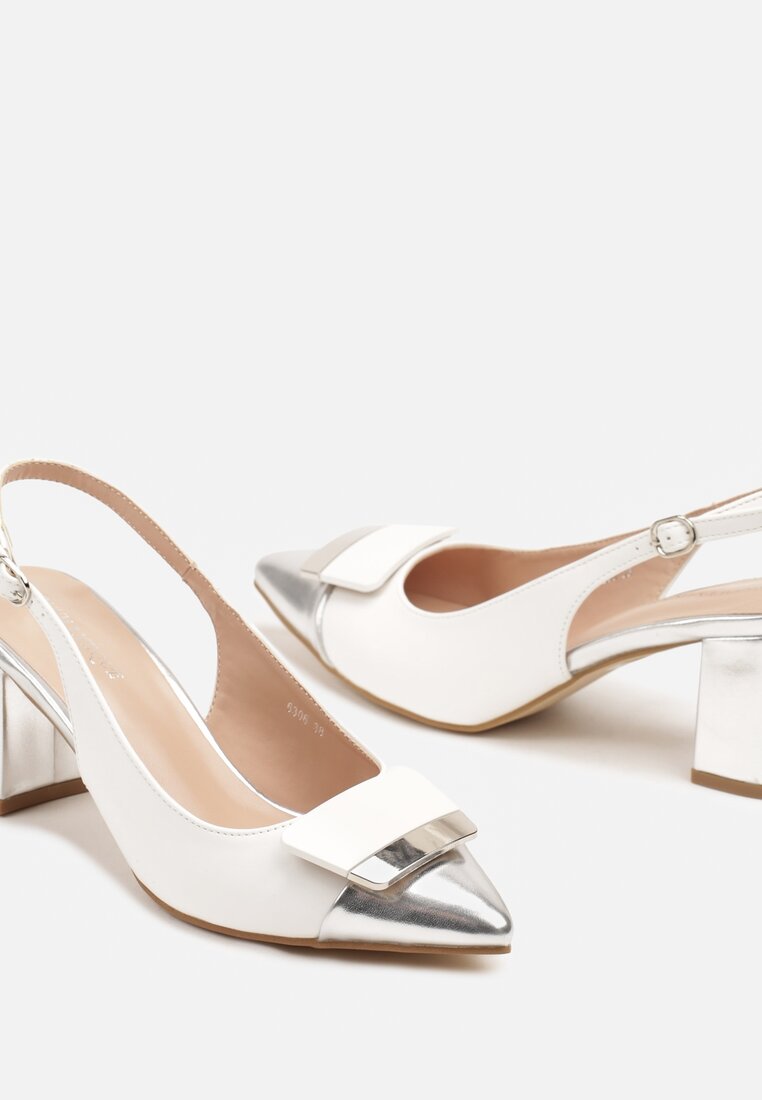 Biało-Srebrne Czółenka na Słupku Typu Slingback z Ozdobą Fariniel