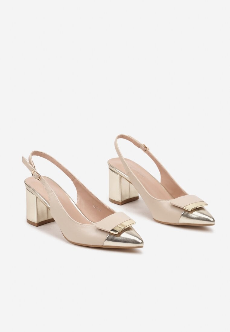 Beżowo-Złote Czółenka na Słupku Typu Slingback z Ozdobą Fariniel