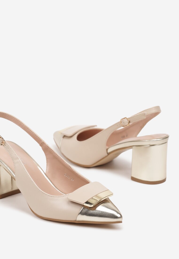 Beżowo-Złote Czółenka na Słupku Typu Slingback z Ozdobą Fariniel