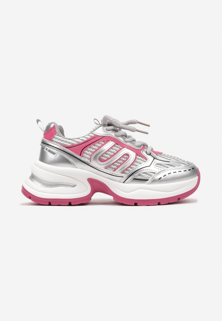 Srebrno-Różowe Sneakersy na Platformie Ozdobionej Tłoczeniem z Geometrycznym Motywem Arivira