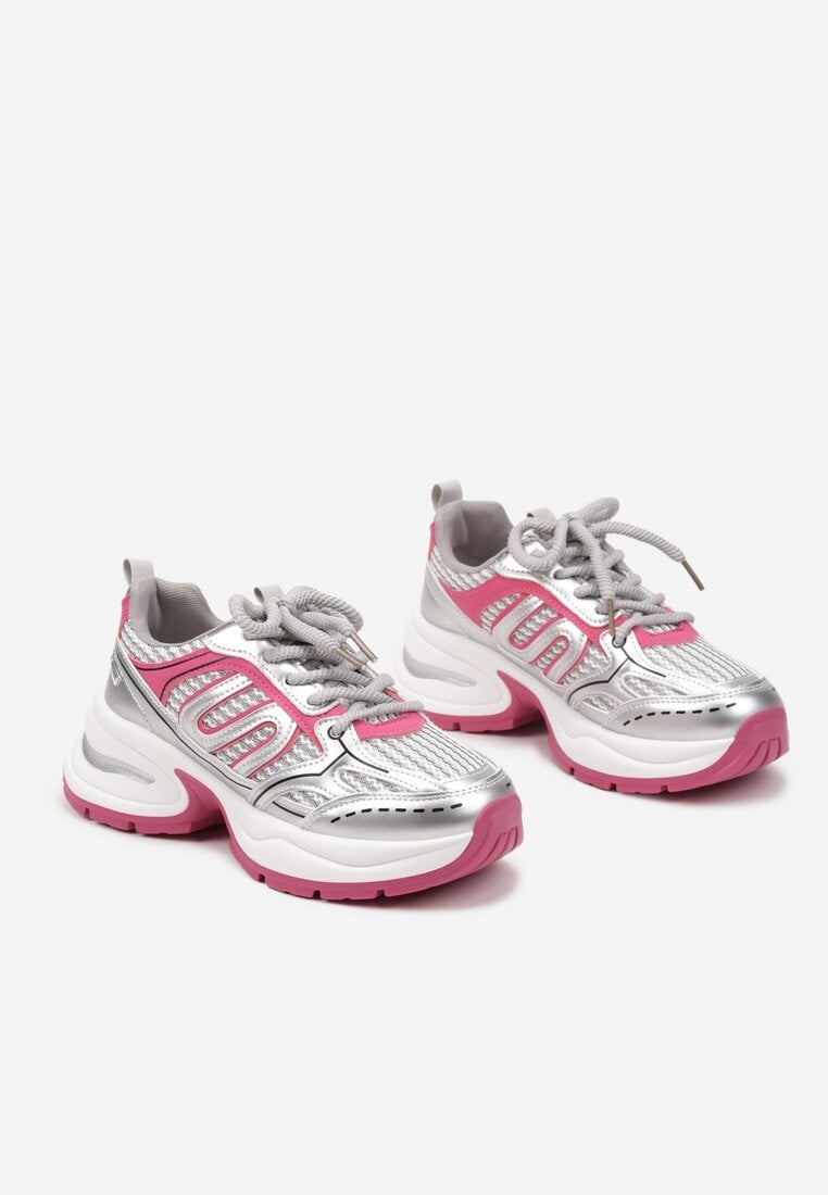 Srebrno-Różowe Sneakersy na Platformie Ozdobionej Tłoczeniem z Geometrycznym Motywem Arivira