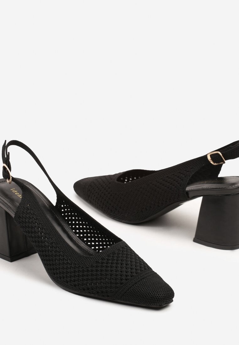 Czarne Sandały na Słupku Typu Slingback z Ażurową Cholewką Morivira