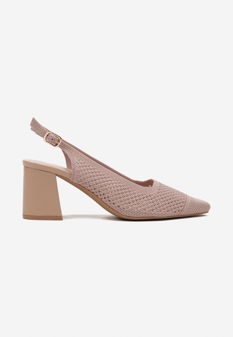 Ciemnobeżowe Sandały na Słupku Typu Slingback z Ażurową Cholewką Morivira