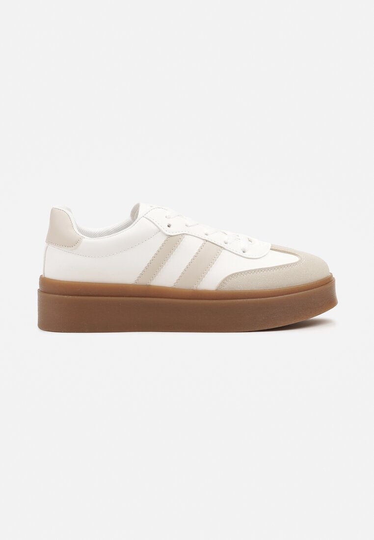 Beżowo-Białe Sneakersy Tenisówki Ozdobione Paskami Sovresia