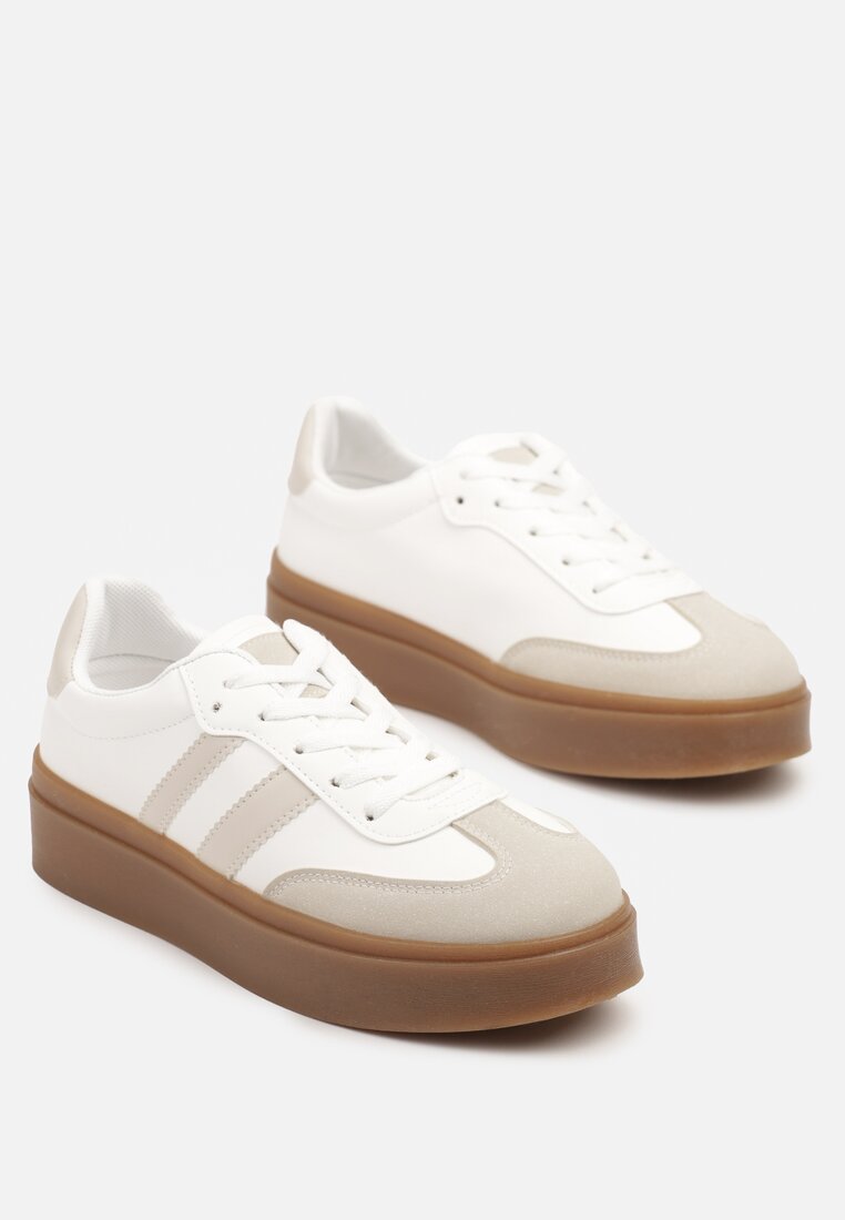 Beżowo-Białe Sneakersy Tenisówki Ozdobione Paskami Sovresia