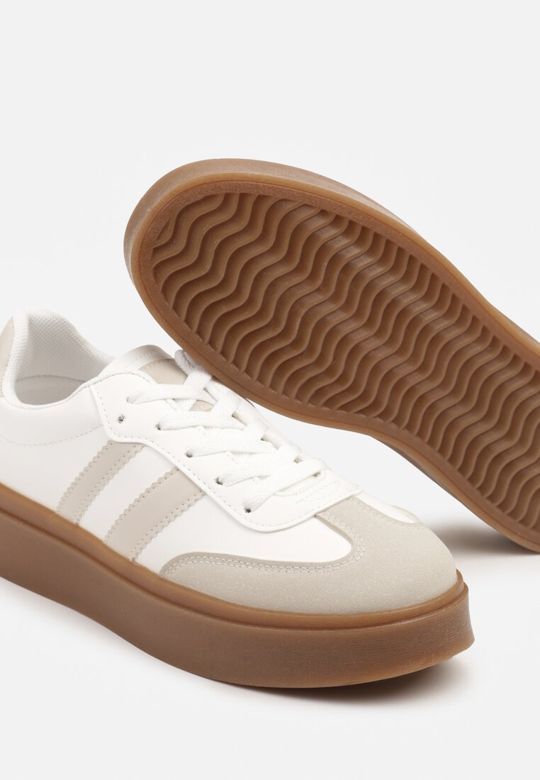 Beżowo-Białe Sneakersy Tenisówki Ozdobione Paskami Sovresia