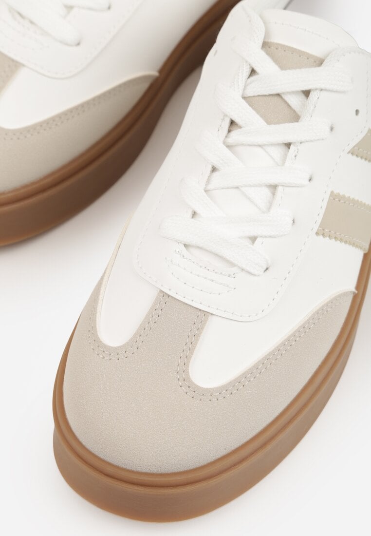 Beżowo-Białe Sneakersy Tenisówki Ozdobione Paskami Sovresia