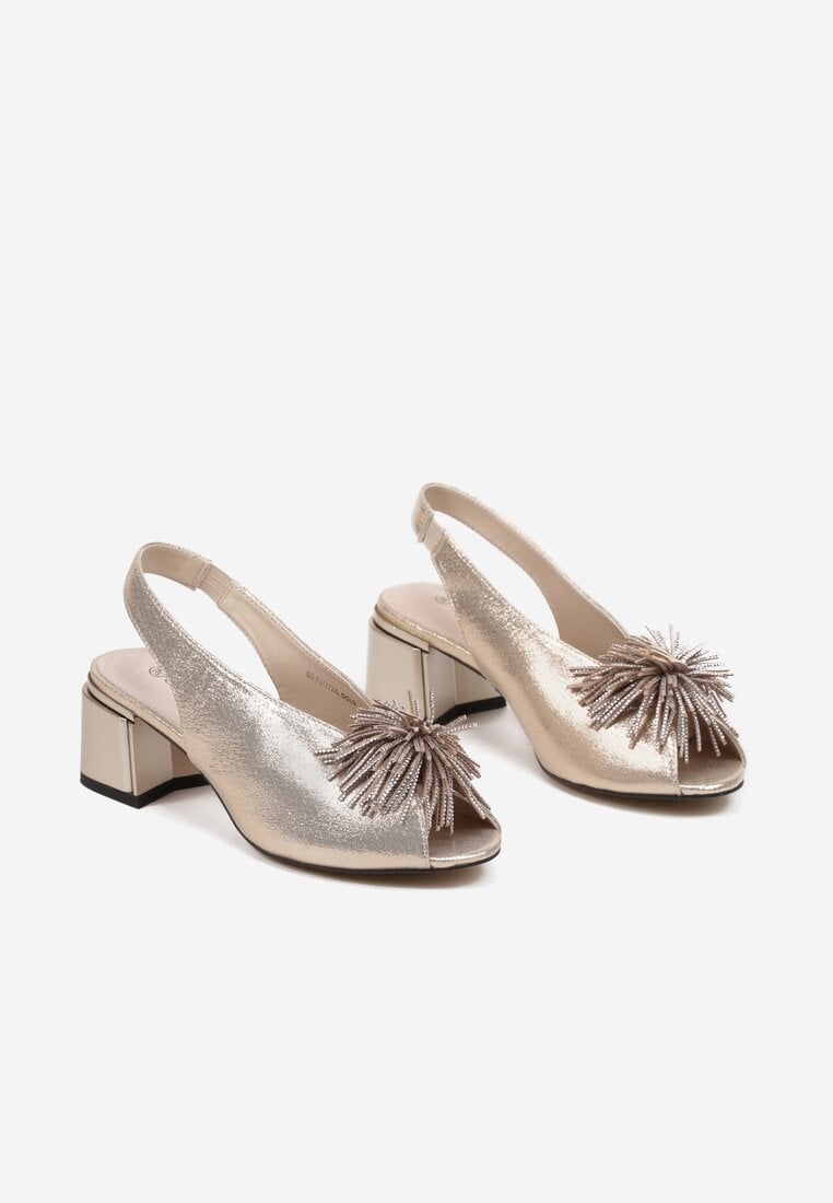 Złote Sandały na Słupku z Wkładką ze Skóry Naturalnej z Pomponem Rerissiana