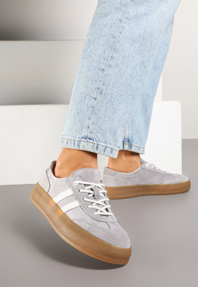 Szare Sneakersy Klasyczne Tenisówki ze Skóry Naturalnej Alotia