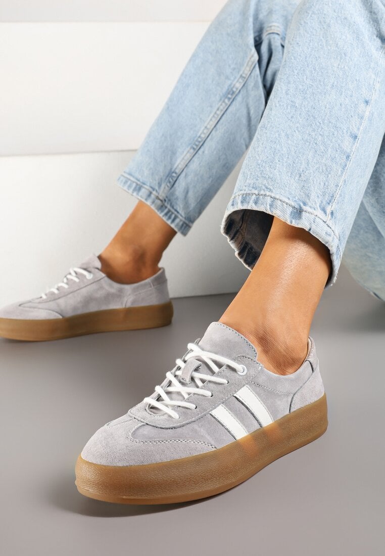 Szare Sneakersy Klasyczne Tenisówki ze Skóry Naturalnej Alotia