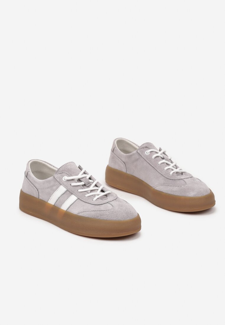 Szare Sneakersy Klasyczne Tenisówki ze Skóry Naturalnej Alotia