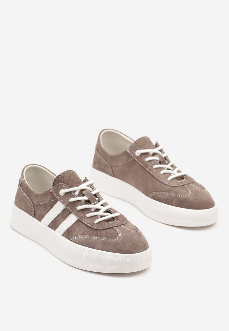 Brązowe Sneakersy Tenisówki ze Skóry Naturalnej na Niskiej Platformie Eleadria