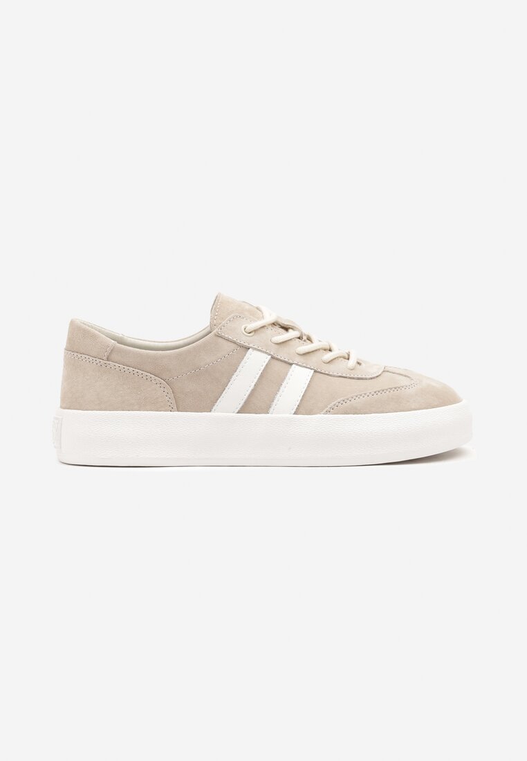 Beżowe Sneakersy Tenisówki ze Skóry Naturalnej na Niskiej Platformie Eleadria