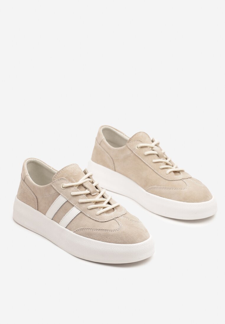 Beżowe Sneakersy Tenisówki ze Skóry Naturalnej na Niskiej Platformie Eleadria