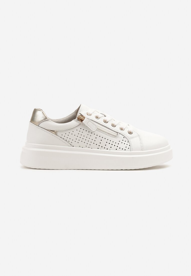 Białe Sneakersy ze Skóry Naturalnej ze Skórzaną Wkładką i Perforacją Falothra