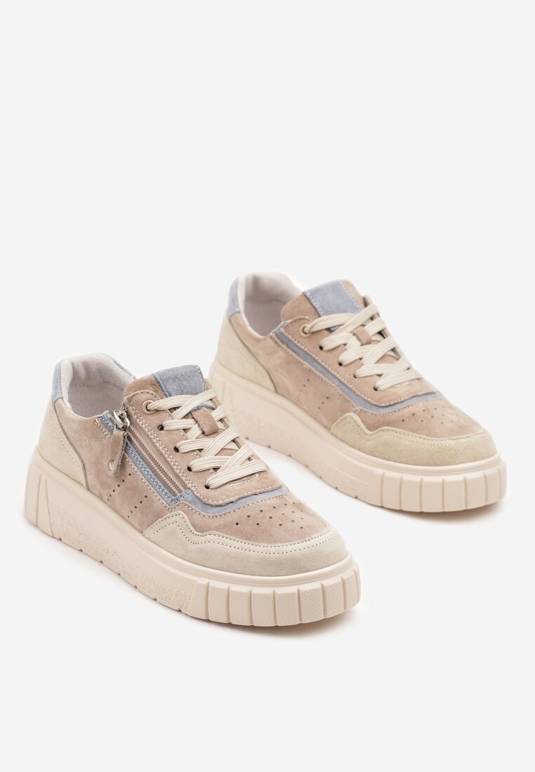 Beżowo-Niebieski Streetwearowe Sneakersy ze Skóry Naturalnej z Ozdobnym Suwakiem Eleavenna