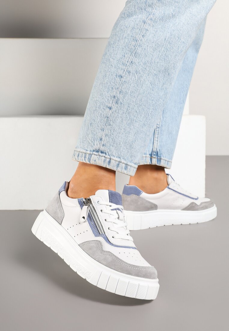 Biało-Szare Streetwearowe Sneakersy ze Skóry Naturalnej z Ozdobnym Suwakiem Eleavenna