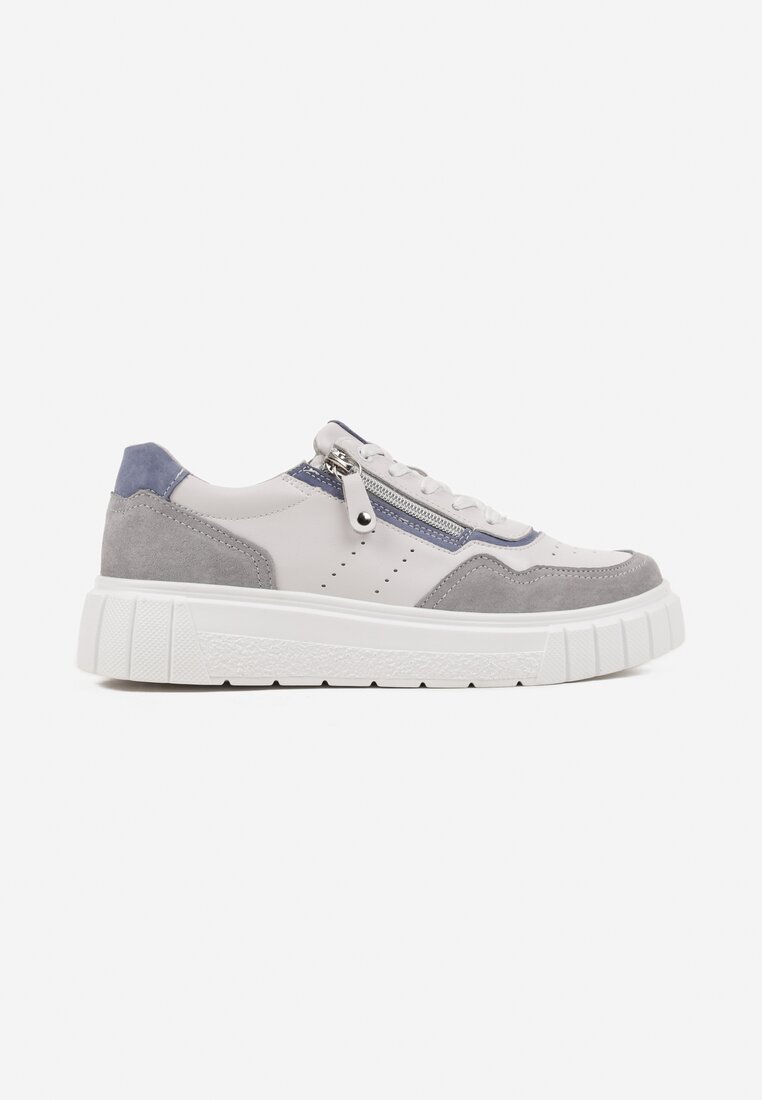 Biało-Szare Streetwearowe Sneakersy ze Skóry Naturalnej z Ozdobnym Suwakiem Eleavenna