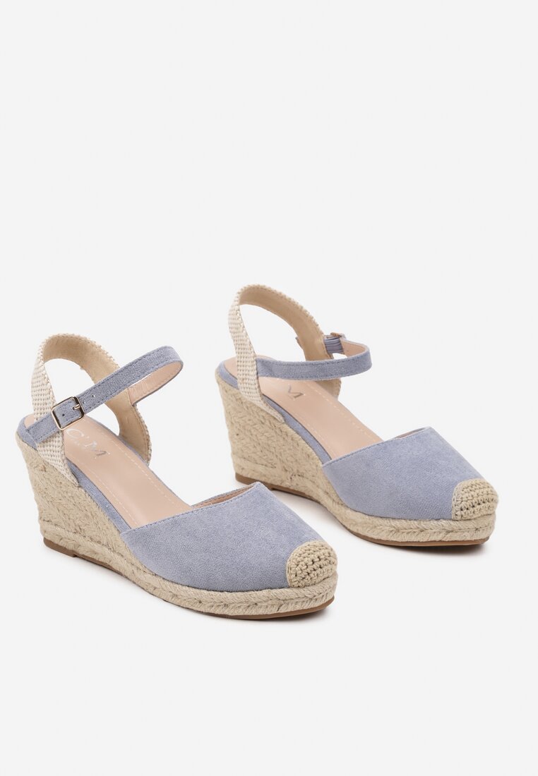 Niebieskie Sandały na Koturnie w Stylu Espadryli Ozdobione Plecionką Iladira