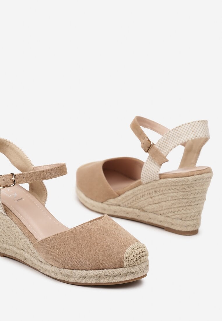 Ciemnobeżowe Sandały na Koturnie w Stylu Espadryli Ozdobione Plecionką Iladira