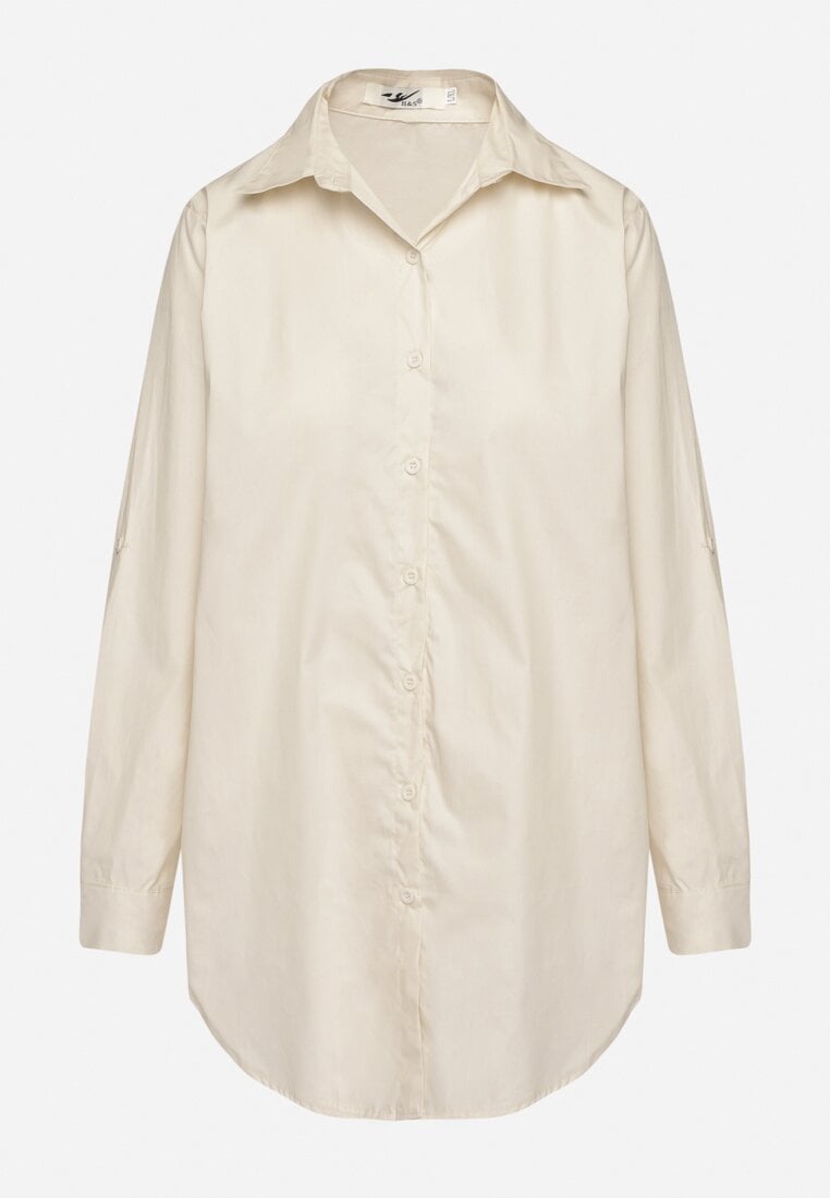 Beżowa Bawełniana Długa Koszula z Regulacją przy Rękawach Dorivelle