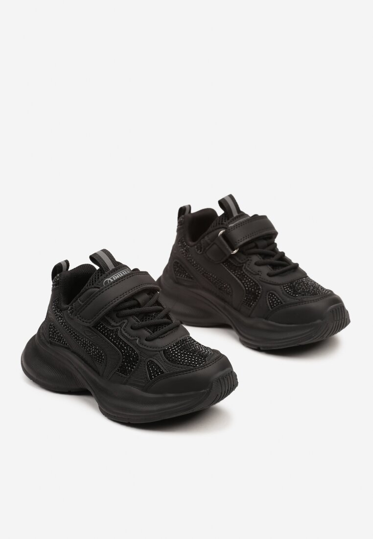 Czarne Buty Sportowe Sneakersy z Cyrkoniami i Rzepem Reiriel