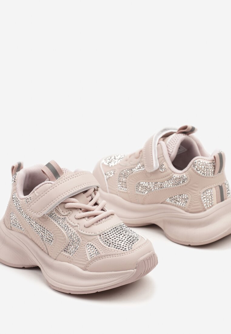 Różowe Buty Sportowe Sneakersy z Cyrkoniami i Rzepem Reiriel