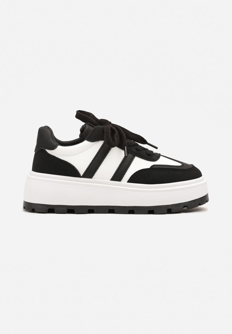 Czarno-Białe Sneakersy na Tłoczonej Platformie z Ozdobnymi Paskami Fonivena