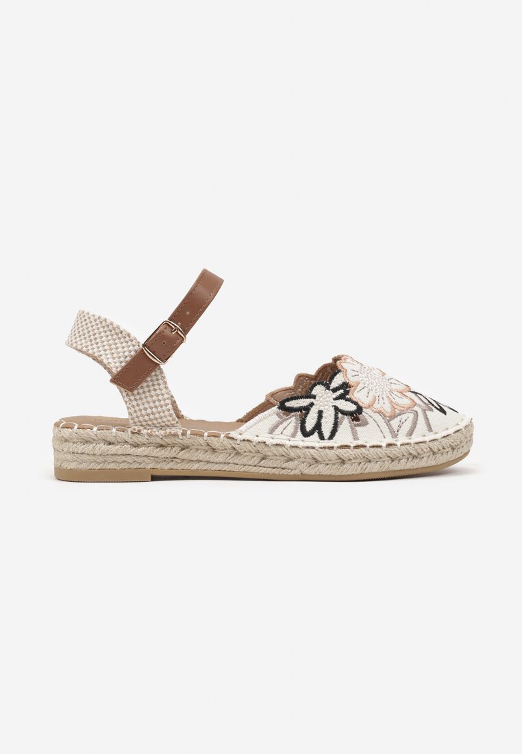 Beżowo-Brązowe Sandały w Stylu Espadryli z Plecionką i Haftem Lealisse