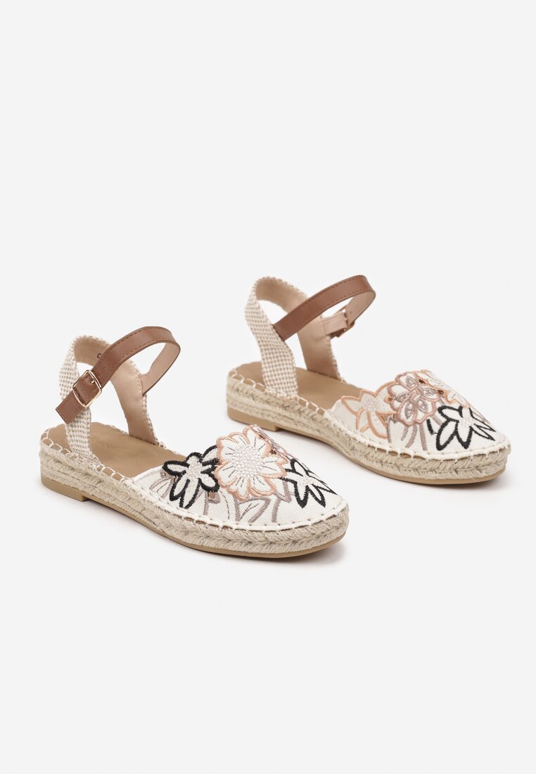 Beżowo-Brązowe Sandały w Stylu Espadryli z Plecionką i Haftem Lealisse